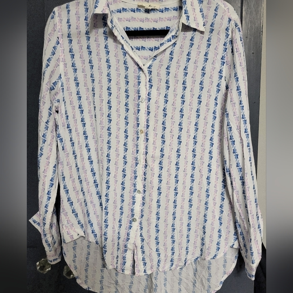 Jane and Delancy-White Rayon Button-Up Shirt with Blue and Purple Birds- Size M